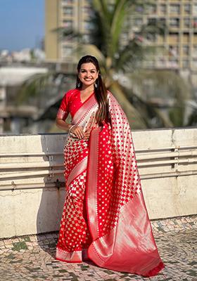 Red Zari Work Banarasi Silk Saree Set