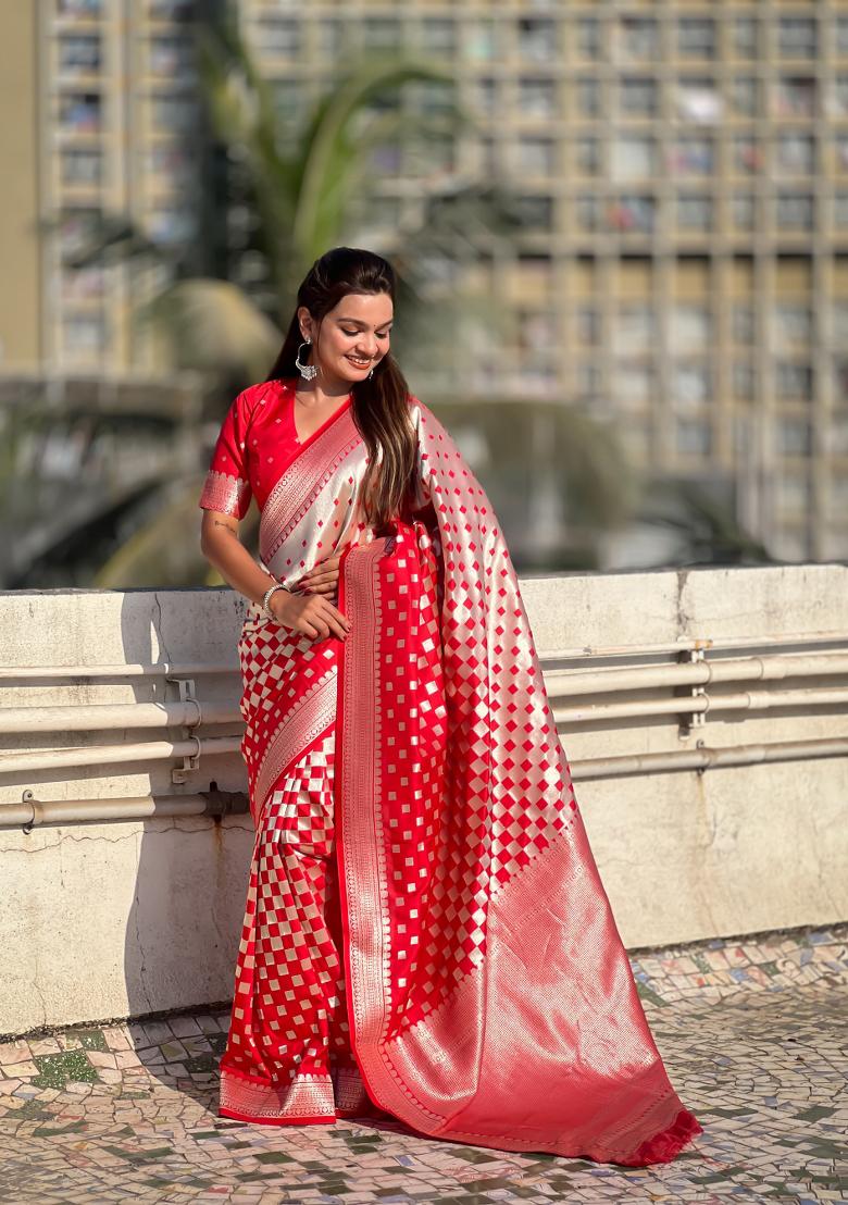 Red Zari Work Banarasi Silk Saree Set