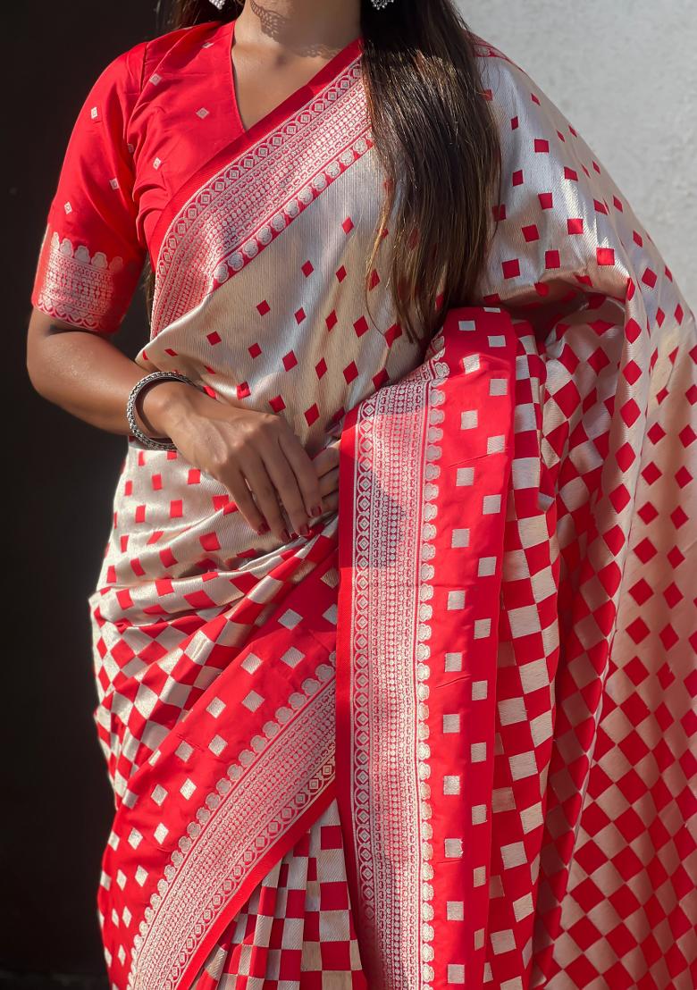 Red Zari Work Banarasi Silk Saree Set