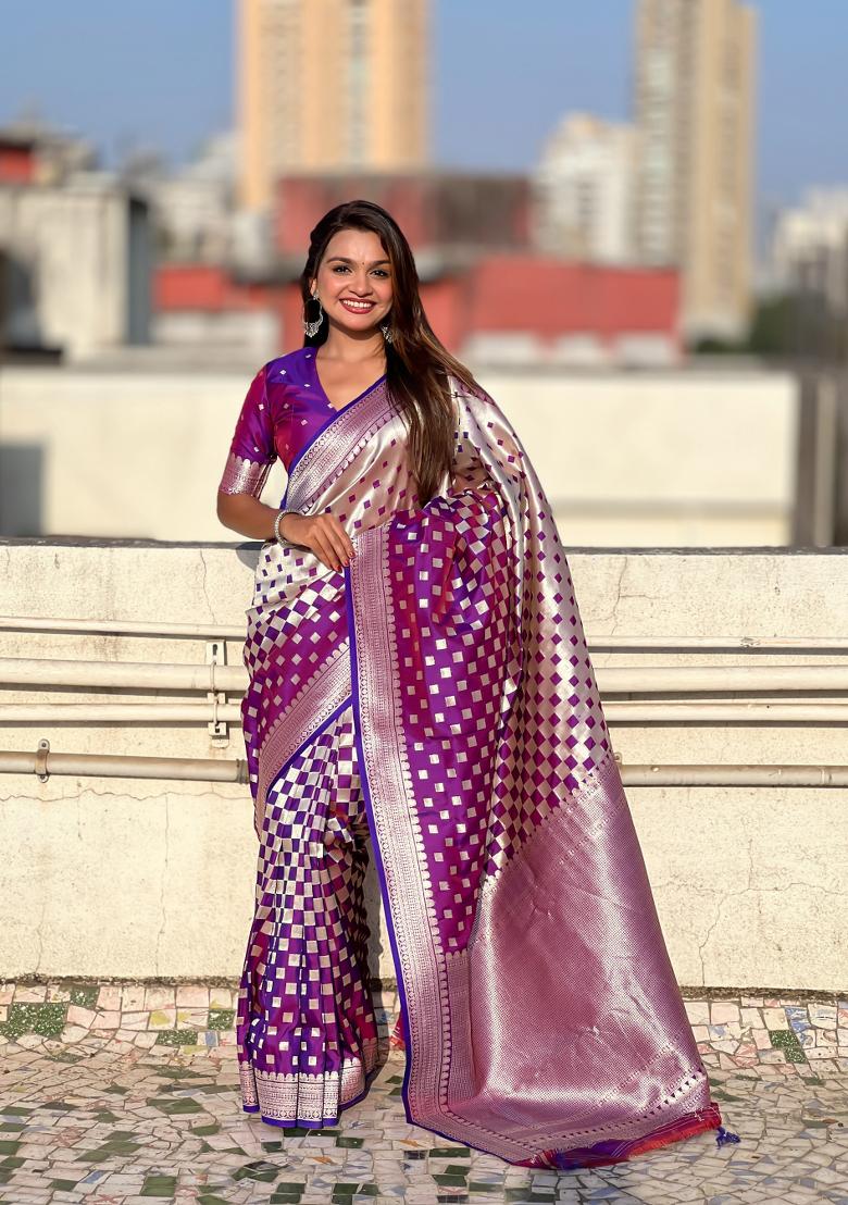Purple Zari Work Banarasi Silk Saree Set