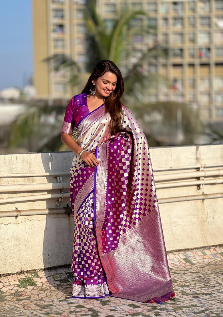 Purple Zari Work Banarasi Silk Saree Set