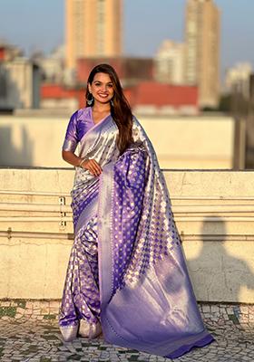 Lavender Zari Work Banarasi Silk Saree Set
