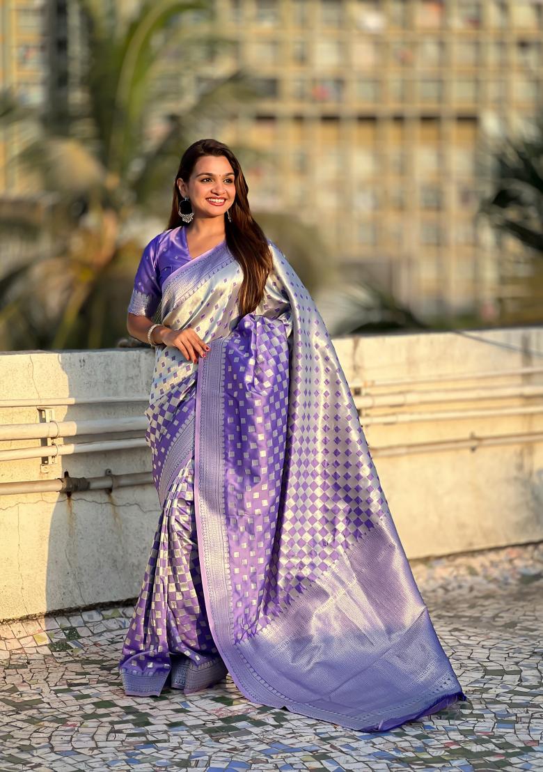 Lavender Zari Work Banarasi Silk Saree Set