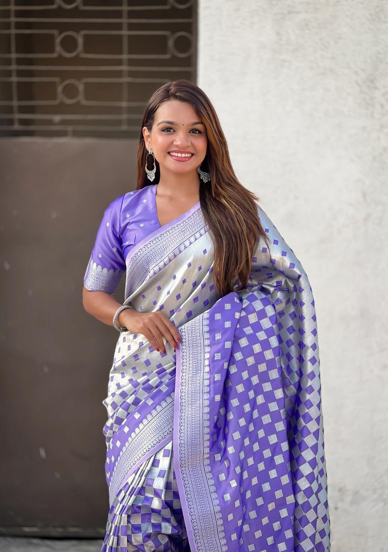 Lavender Zari Work Banarasi Silk Saree Set