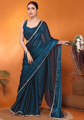 Teal Blue Embellished Silk Saree Set