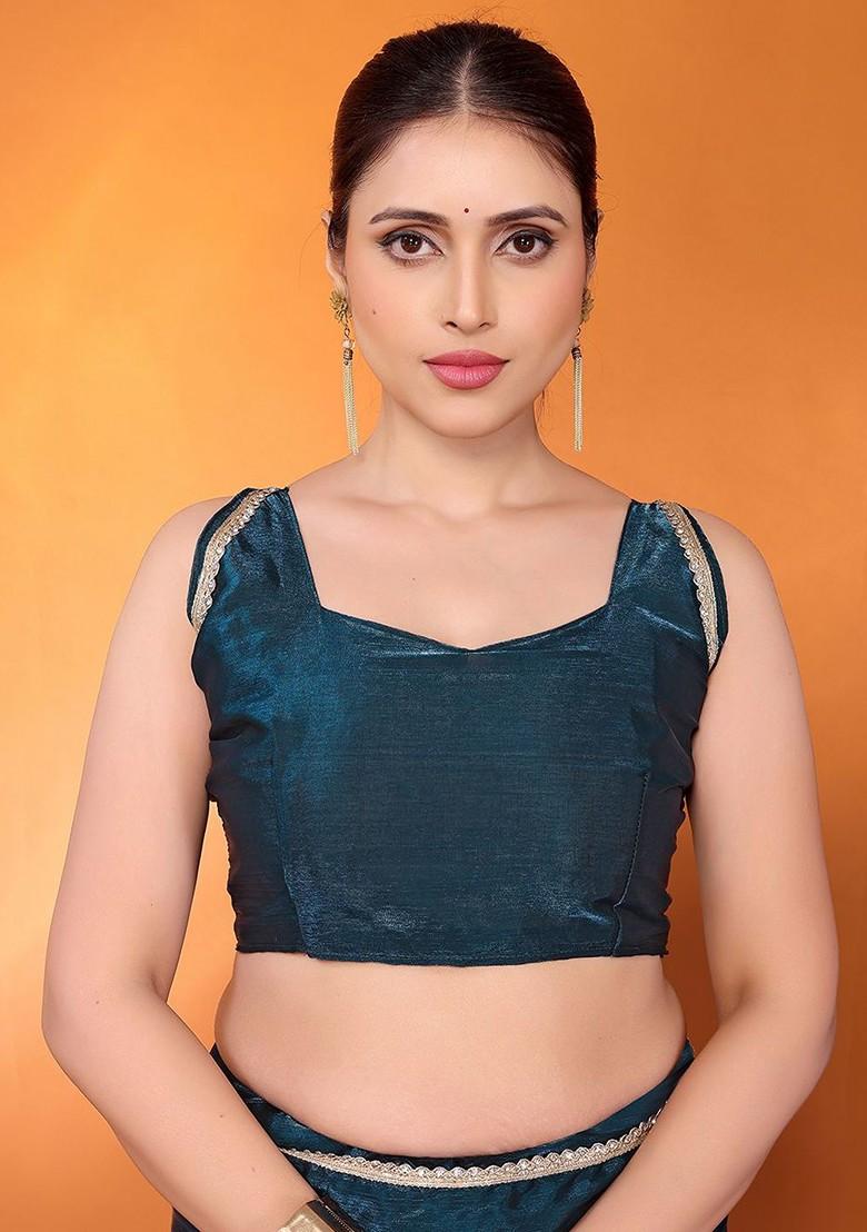 Teal Blue Embellished Silk Saree Set