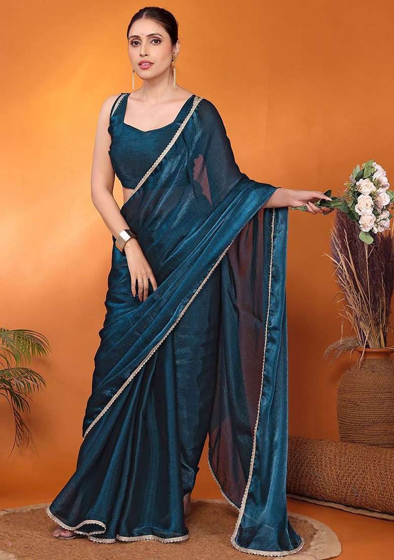 Teal Blue Embellished Silk Blend Saree Set - Indya