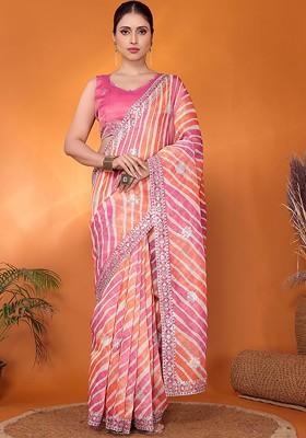 Pink Embellished Tissue Saree Set