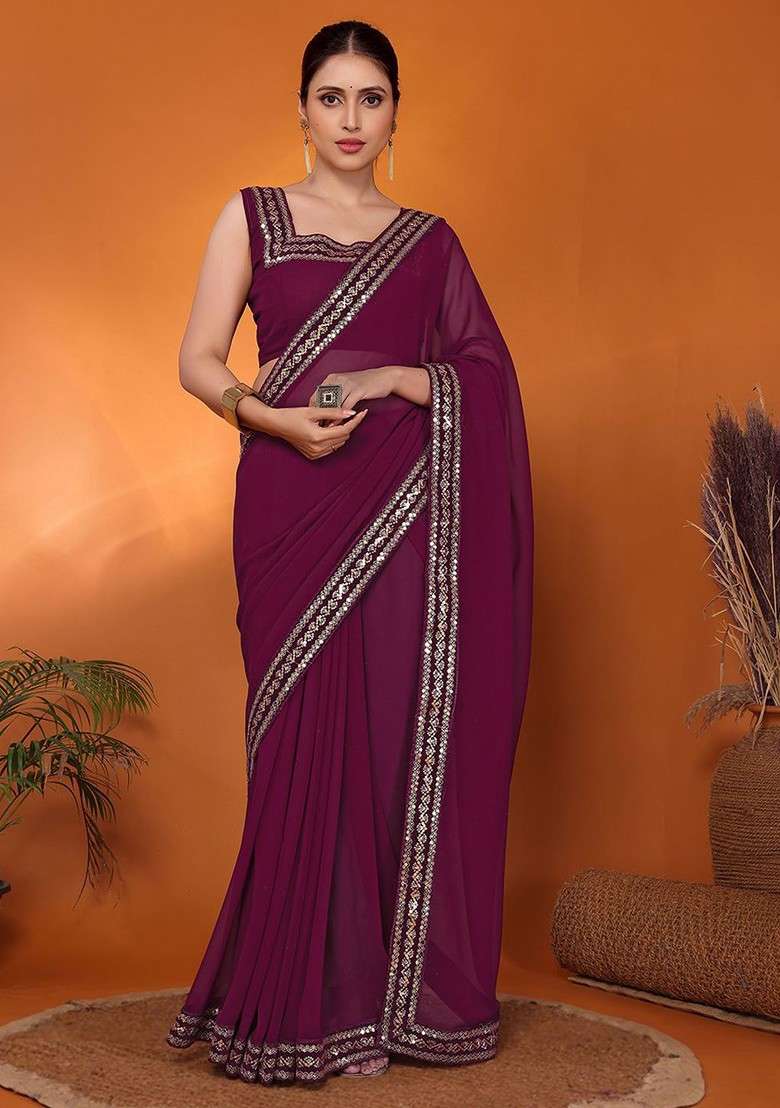 Purple Embellished Georgette Saree Set - Indya