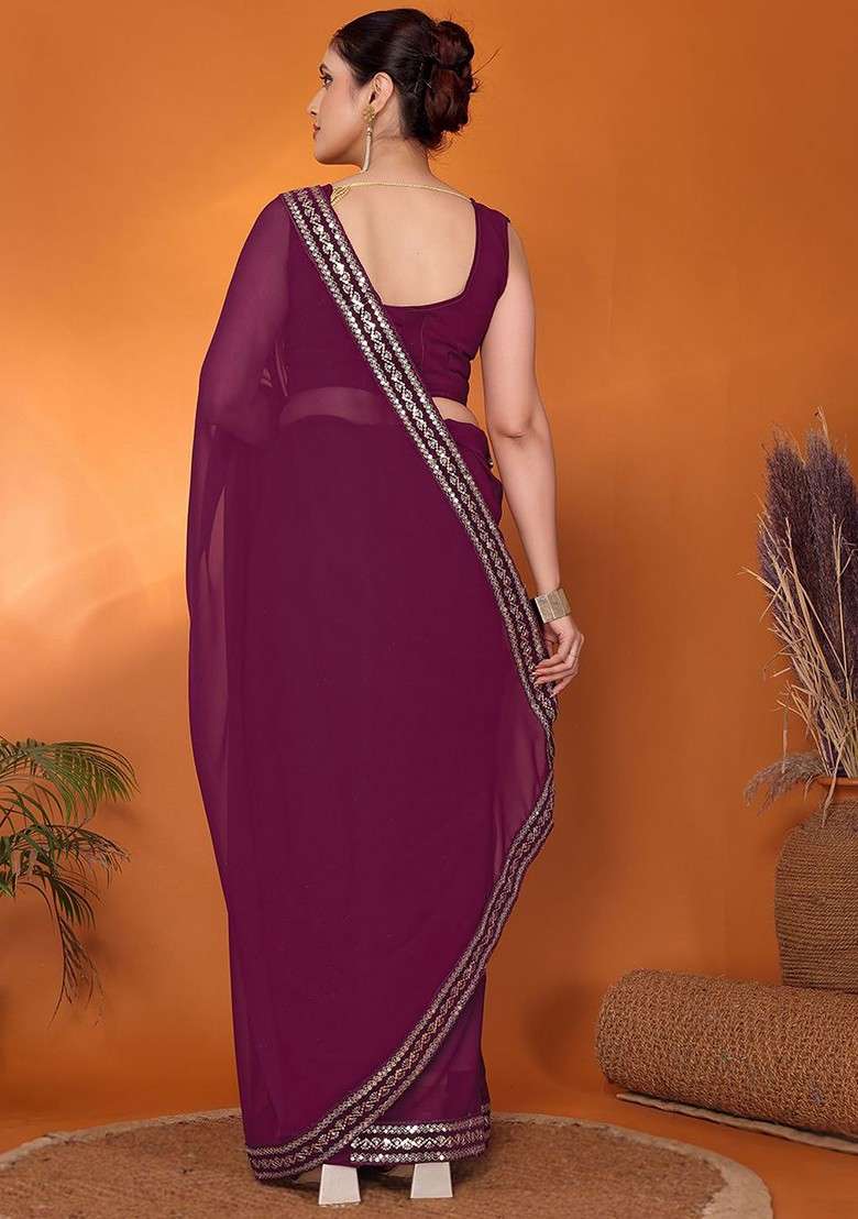 Purple Embellished Georgette Saree Set - Indya