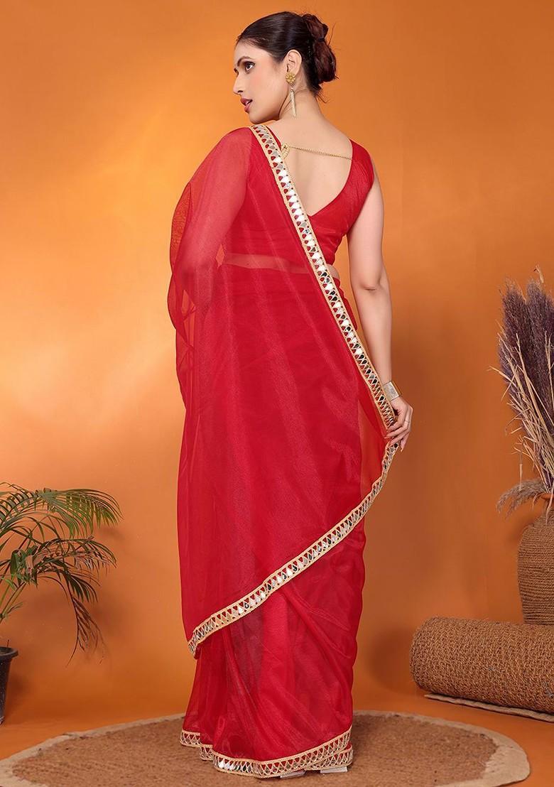 Red Embellished Organza Saree Set