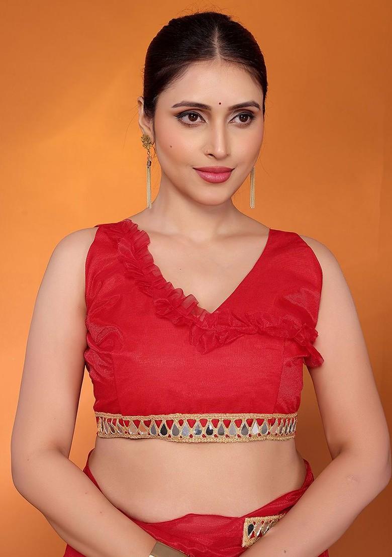 Red Embellished Organza Saree Set