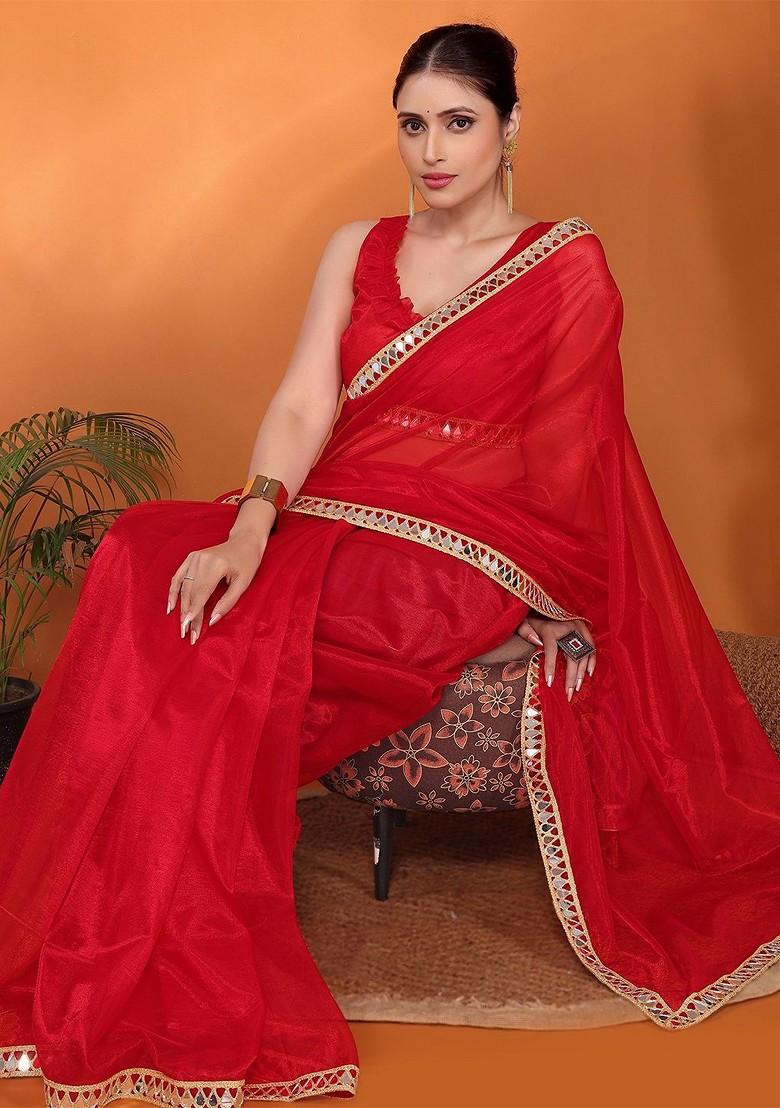Red Embellished Organza Saree Set
