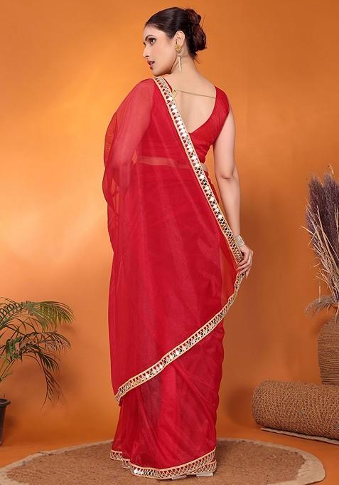 Red Embellished Organza Saree Set
