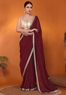 Maroon Embellished Organza Saree Set