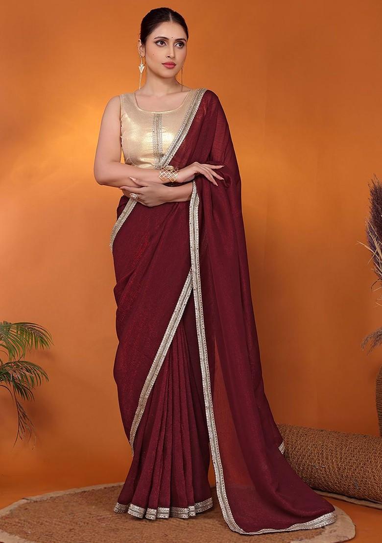 Maroon Embellished Organza Saree Set