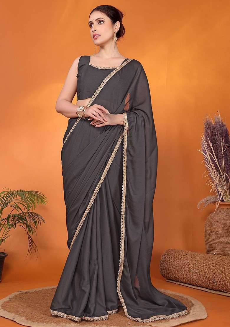 Grey Embellished Georgette Saree Set - Indya