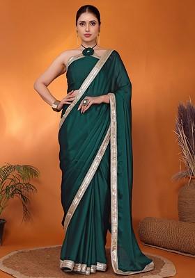 Green Embellished Satin Saree Set