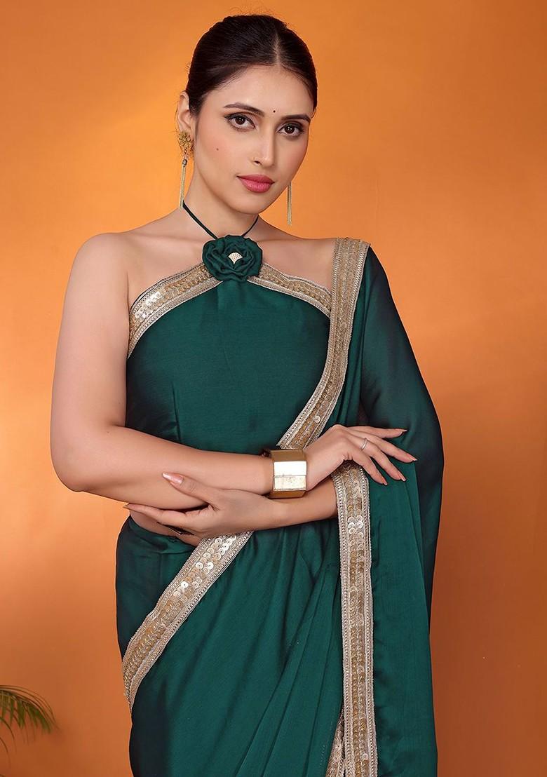 Green Embellished Satin Saree Set