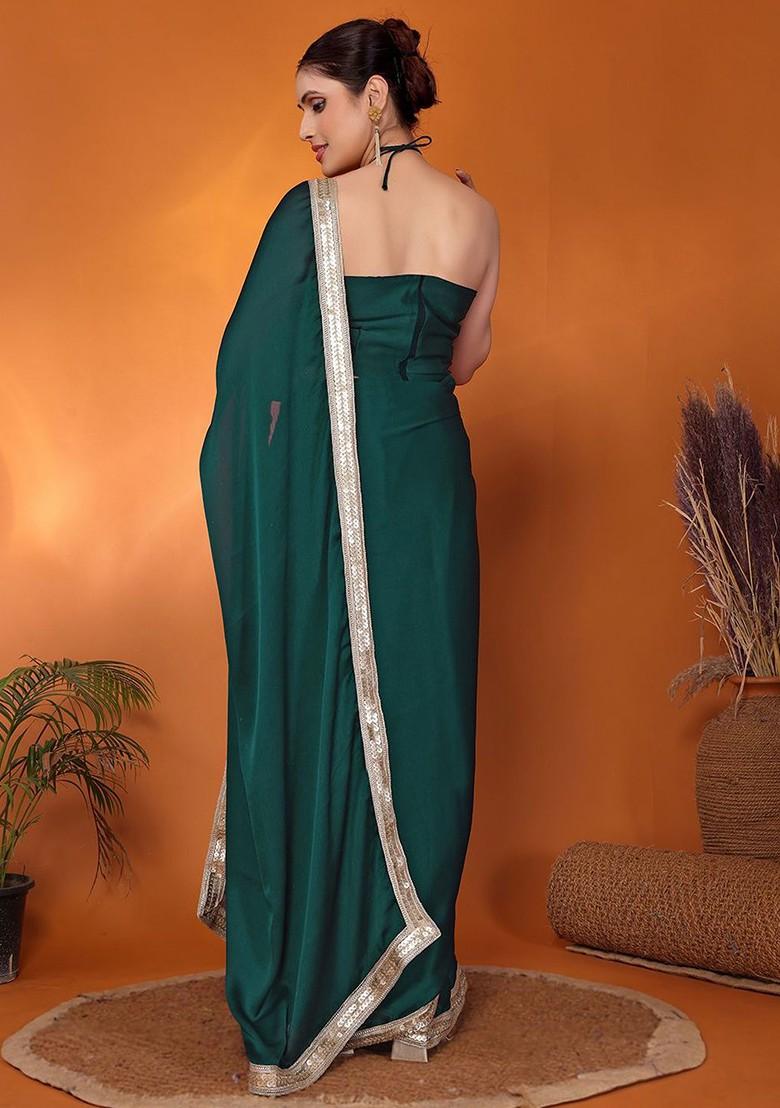 Green Embellished Satin Saree Set