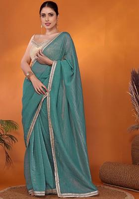 Blue Embellished Organza Saree Set