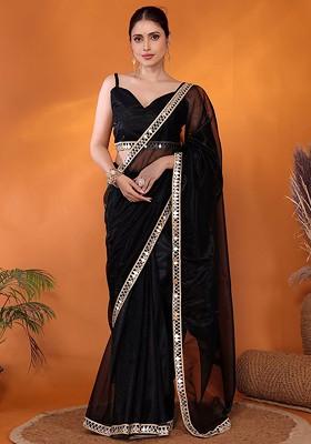 Black Embellished Organza Saree Set