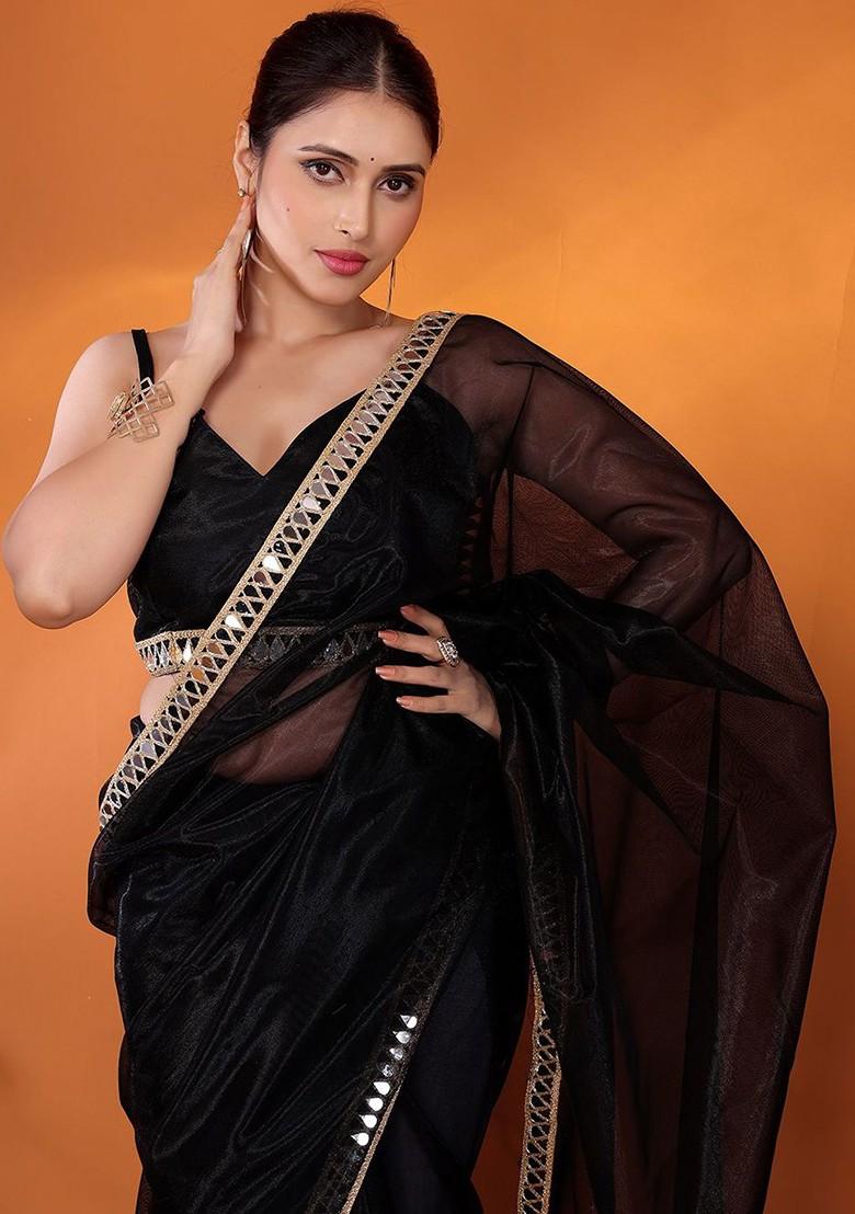 Black Embellished Organza Saree Set