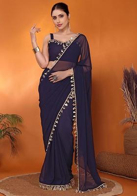Navy Blue Embellished Georgette Saree Set