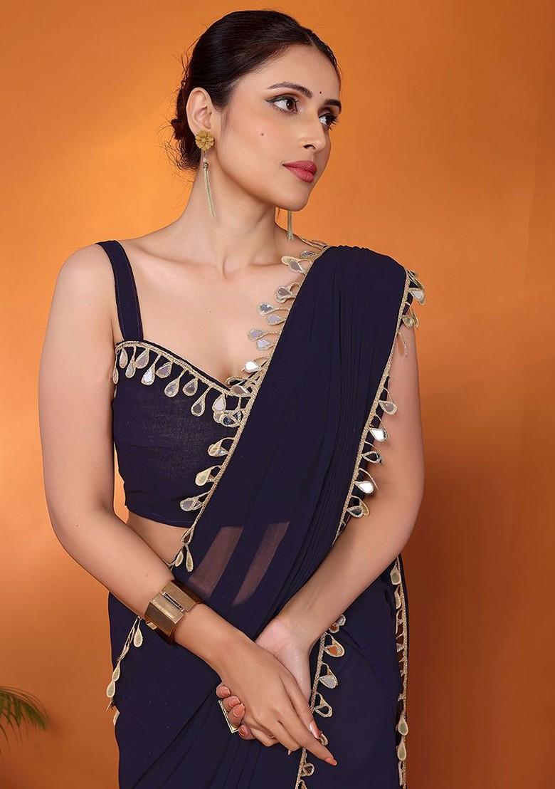 Navy Blue Embellished Georgette Saree Set