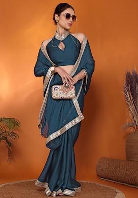Teal Green Embellished Satin Saree Set