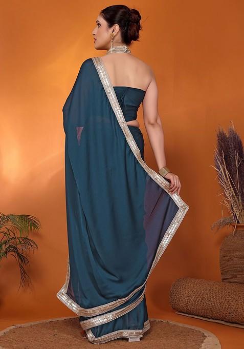 Teal Green Embellished Satin Saree Set