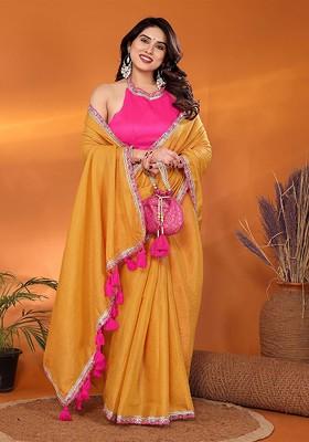 Yellow Embellished Cotton Saree Set