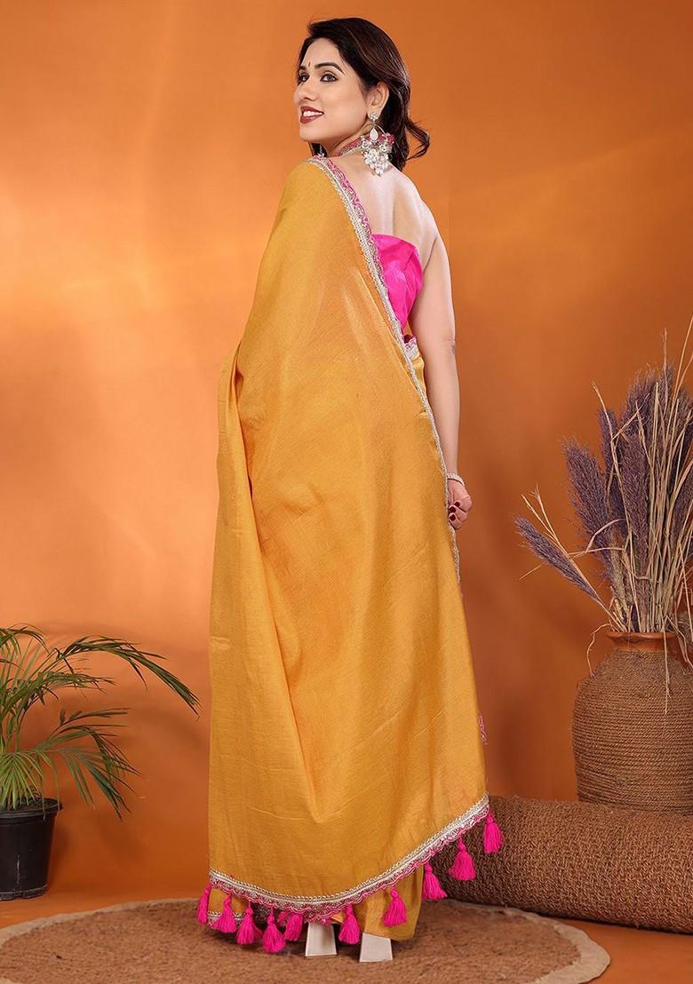 Yellow Embellished Cotton Saree Set