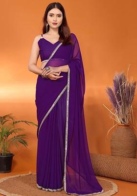 Purple Embellished Georgette Saree Set