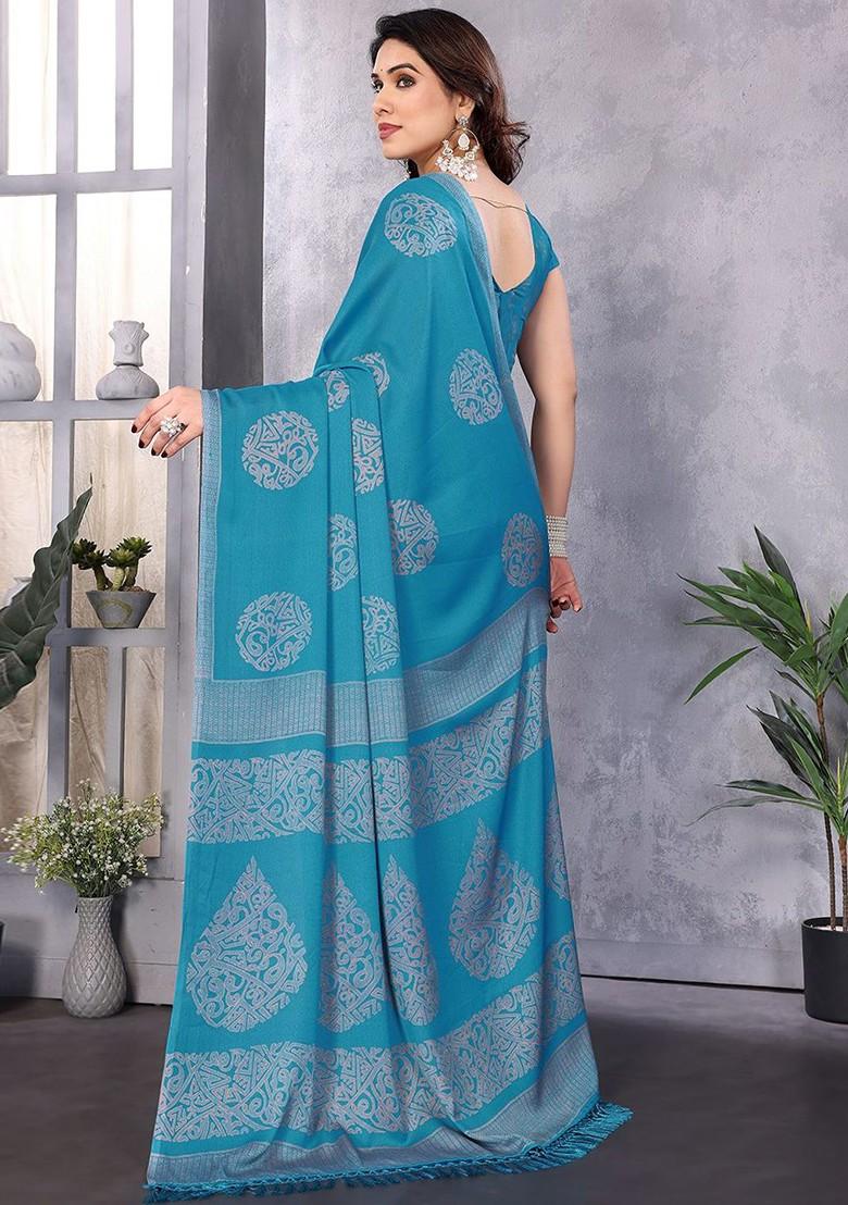 Blue Embroidered Chiffon Saree Set