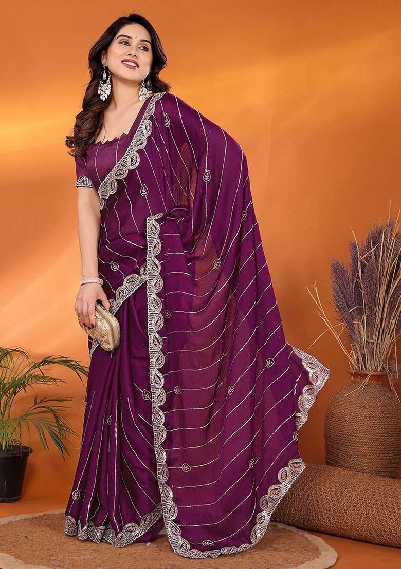 Purple Embellished Satin Saree Set - Indya
