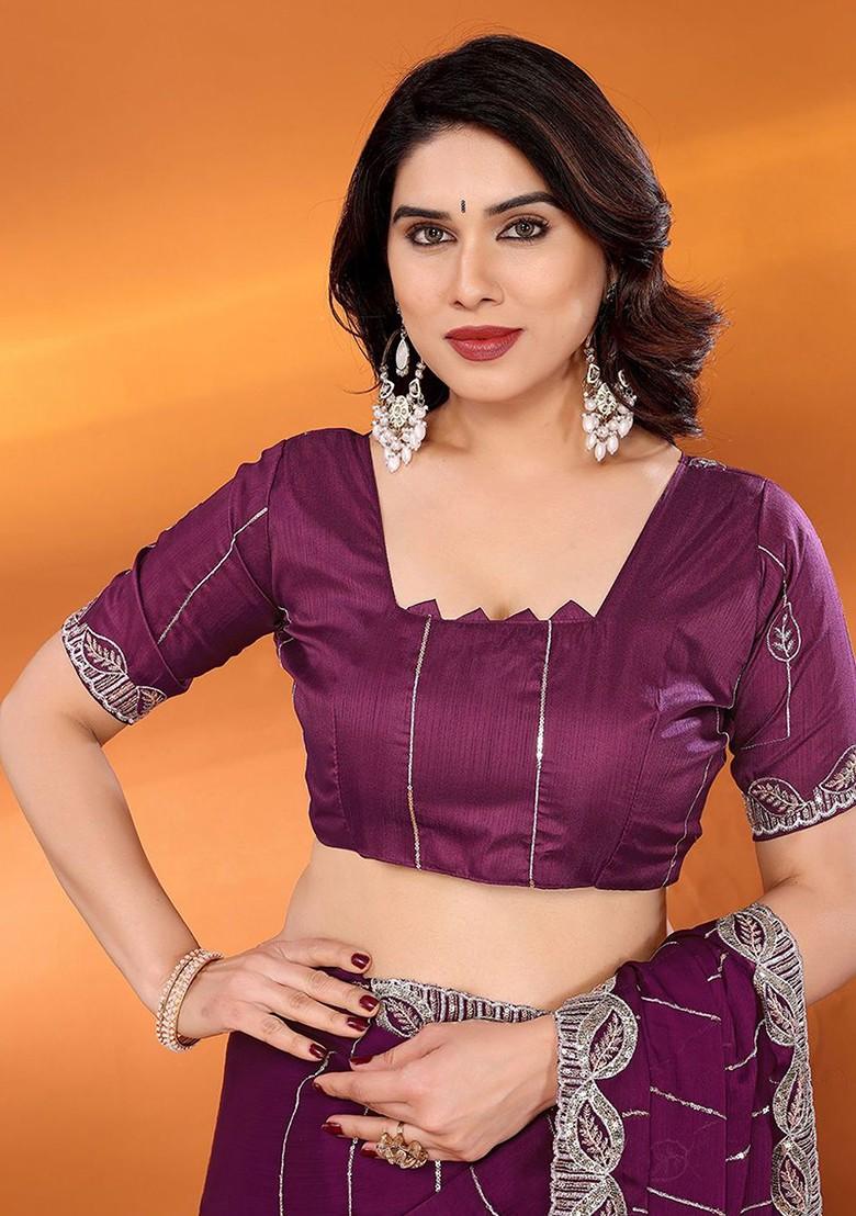 Purple Embellished Satin Saree Set