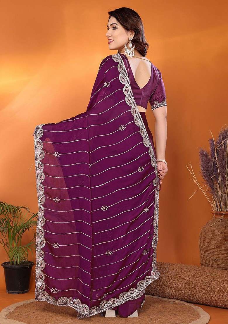 Purple Embellished Satin Saree Set - Indya