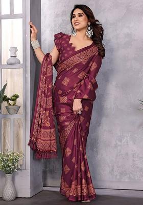 Purple Embroidered Poly Blend Saree Set