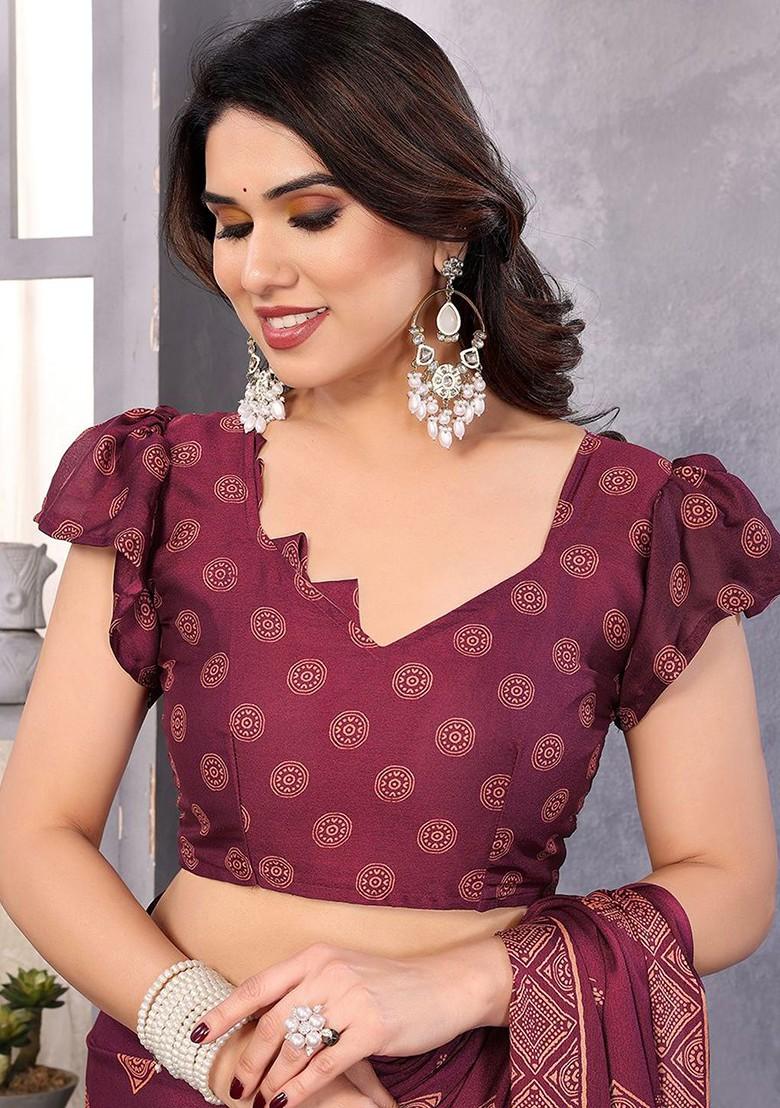 Purple Embroidered Poly Blend Saree Set