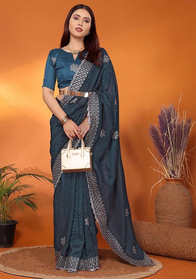 Teal Green Embellished Tissue Saree Set