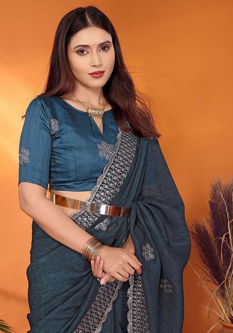 Teal Green Embellished Tissue Saree Set