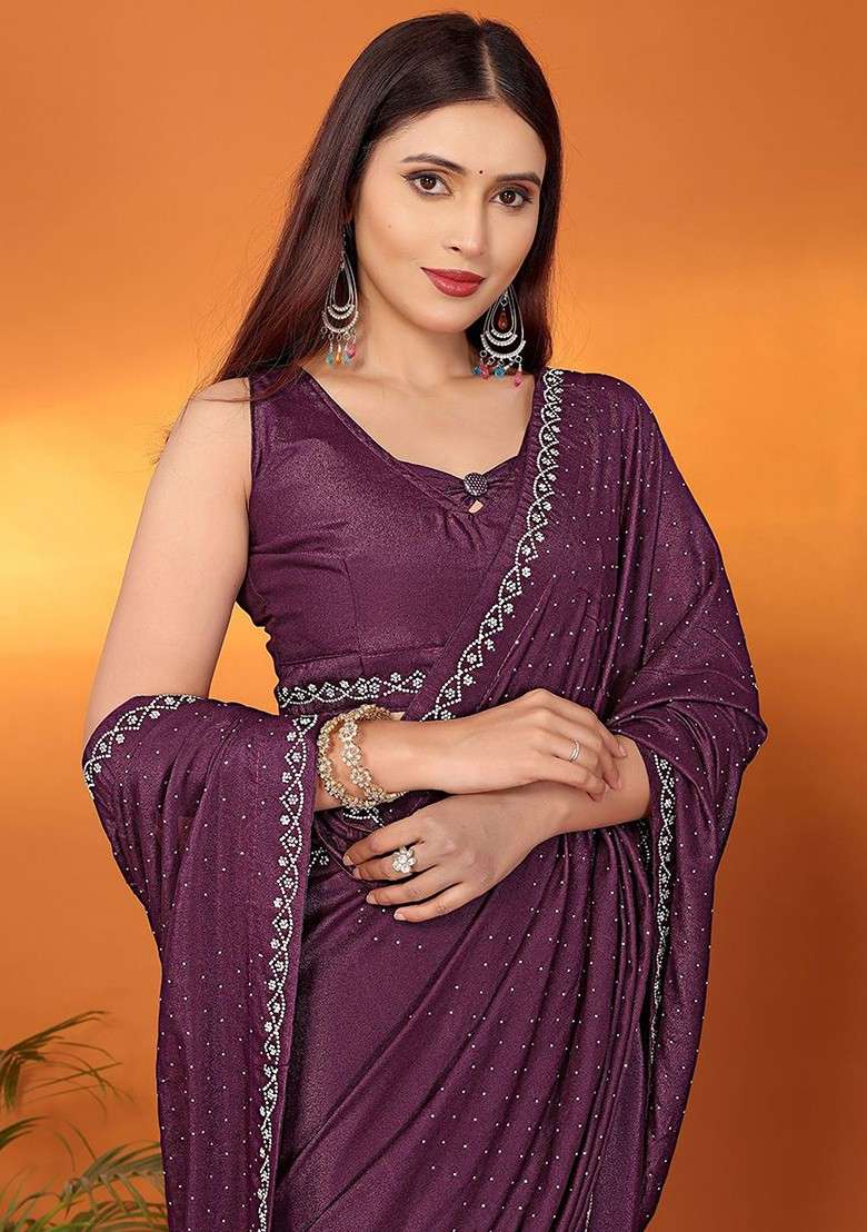 Purple Embellished Satin Saree Set - Indya
