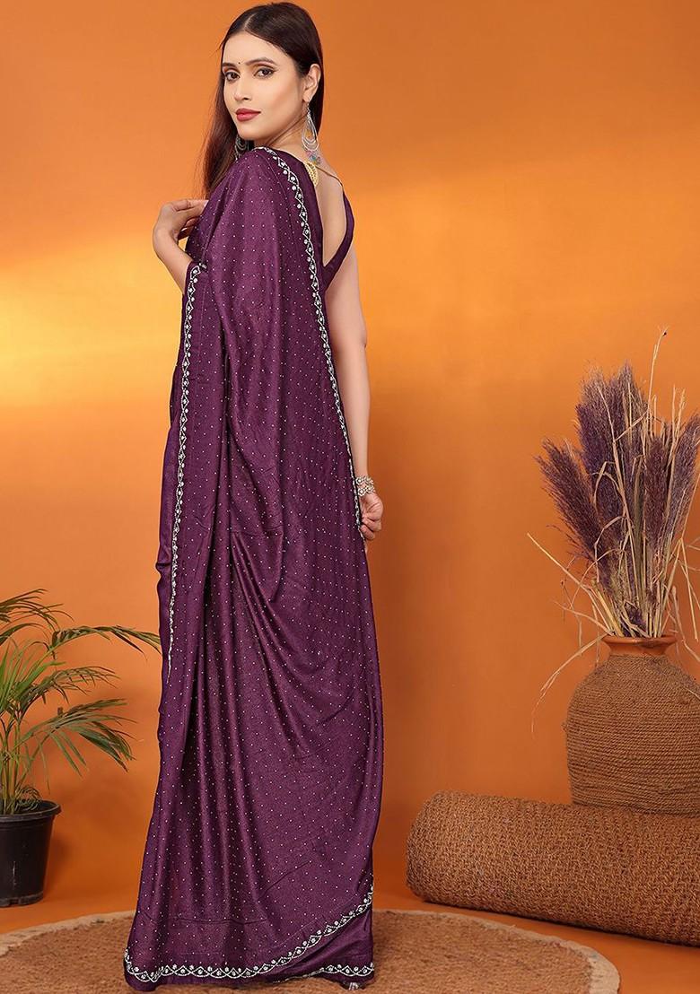 Purple Embellished Satin Saree Set