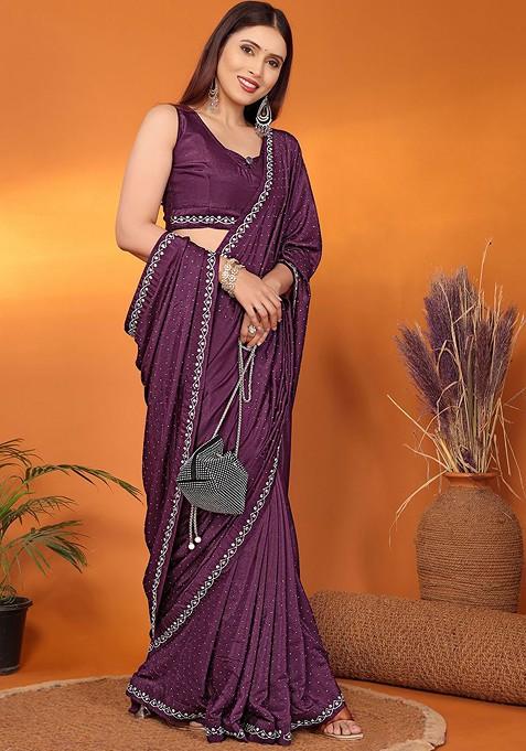 Purple Embellished Satin Saree Set