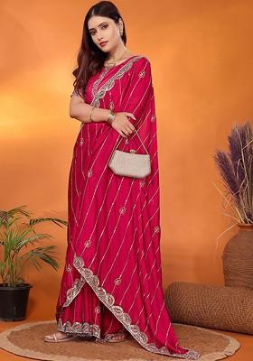 Pink Embellished Poly Blend Saree Set
