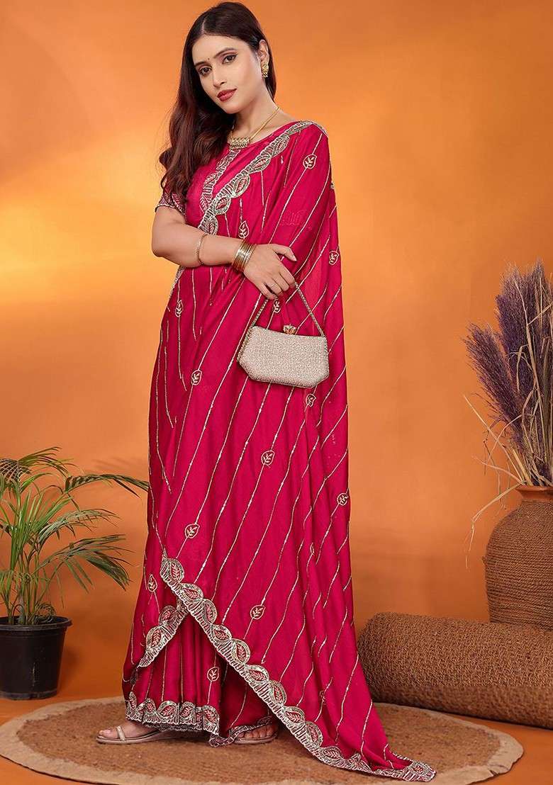 Pink Embellished Poly Blend Saree Set - Indya