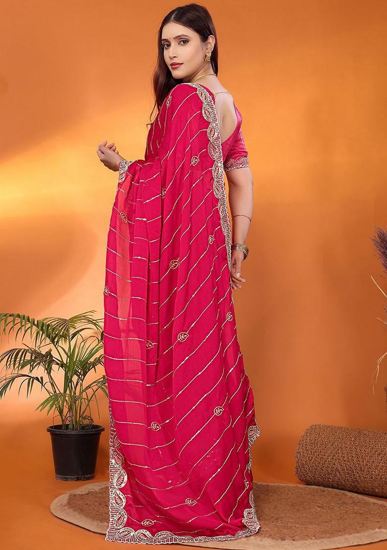 Pink Embellished Poly Blend Saree Set
