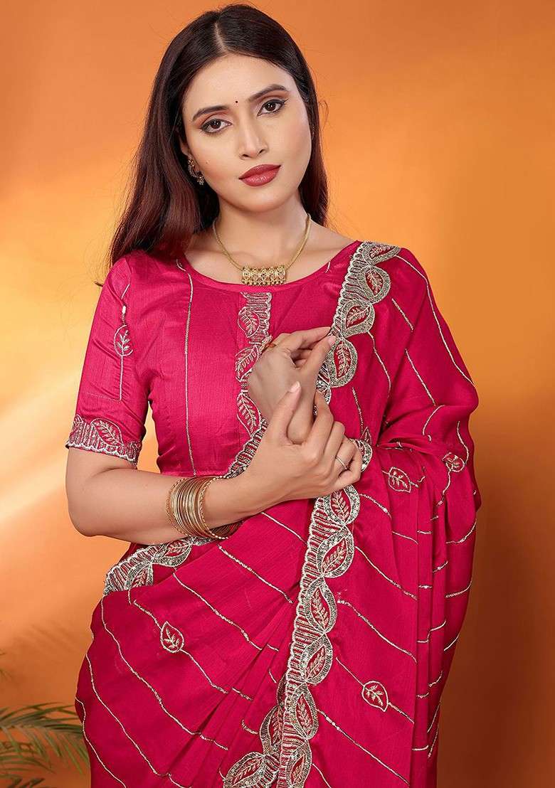 Pink Embellished Poly Blend Saree Set - Indya
