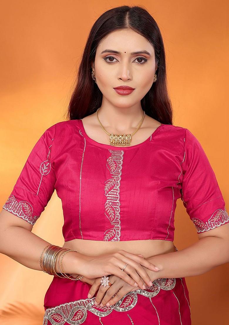 Pink Embellished Poly Blend Saree Set